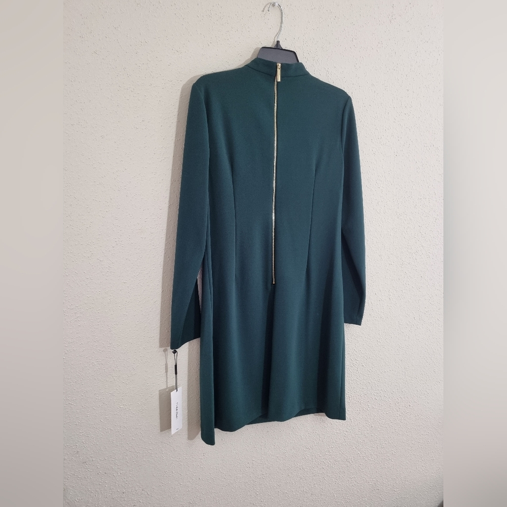 Calvin Klein Dark Green Long Sleeve Dress With Tie Neck Detail NWT Size 12 - Picture 7 of 8